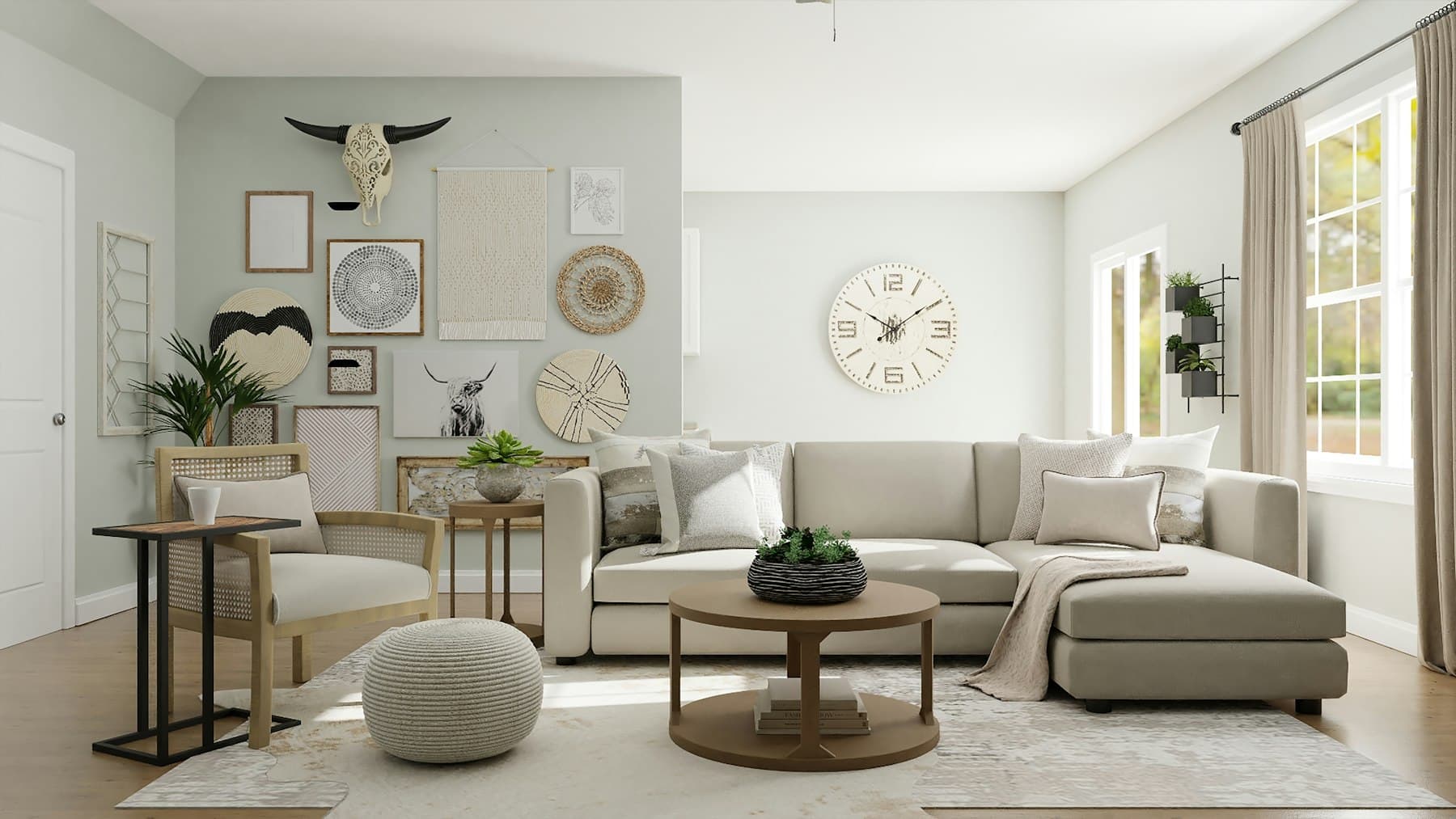 Warm neutral living room with a linen sofa and natural light — residential interior design