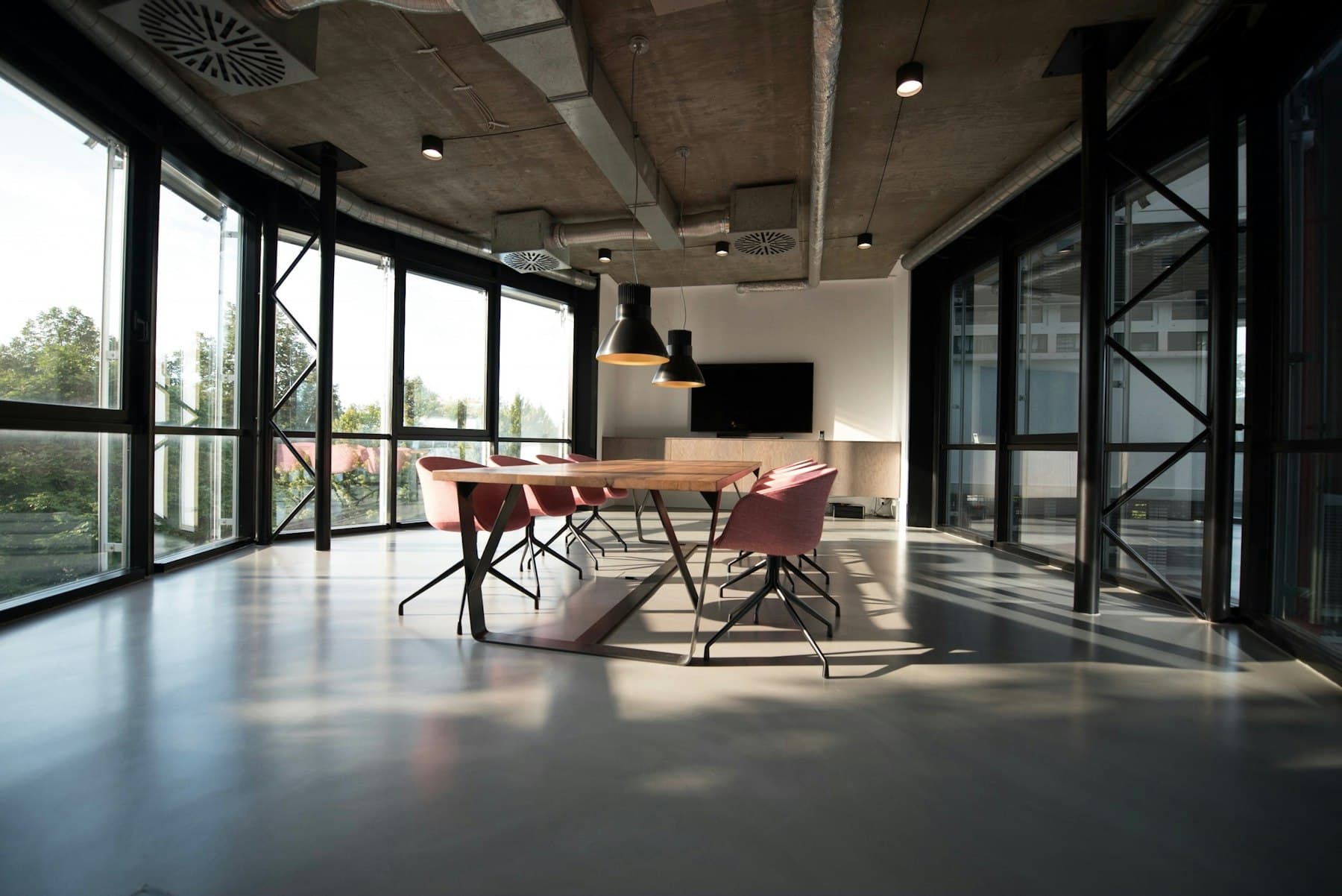 Contemporary office lounge with warm tones — commercial interior design