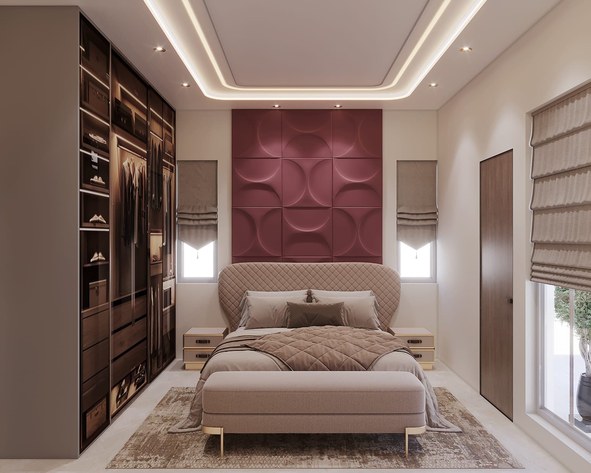 Rendered master bedroom with an upholstered bed set against a deep burgundy three-dimensional panelled feature wall, a mirrored wardrobe, twin nightstands and soft cove lighting.