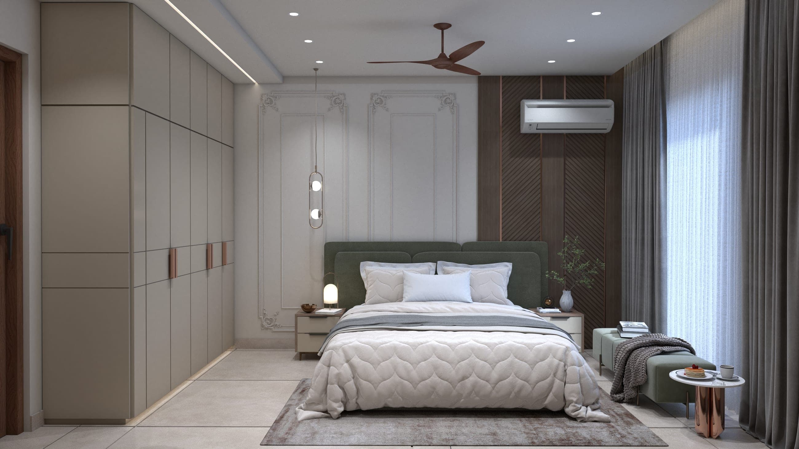 Rendered bedroom with a green upholstered headboard, quilted white bedding, panelled and fluted accent walls, a soft pendant light and green benches at the foot of the bed.