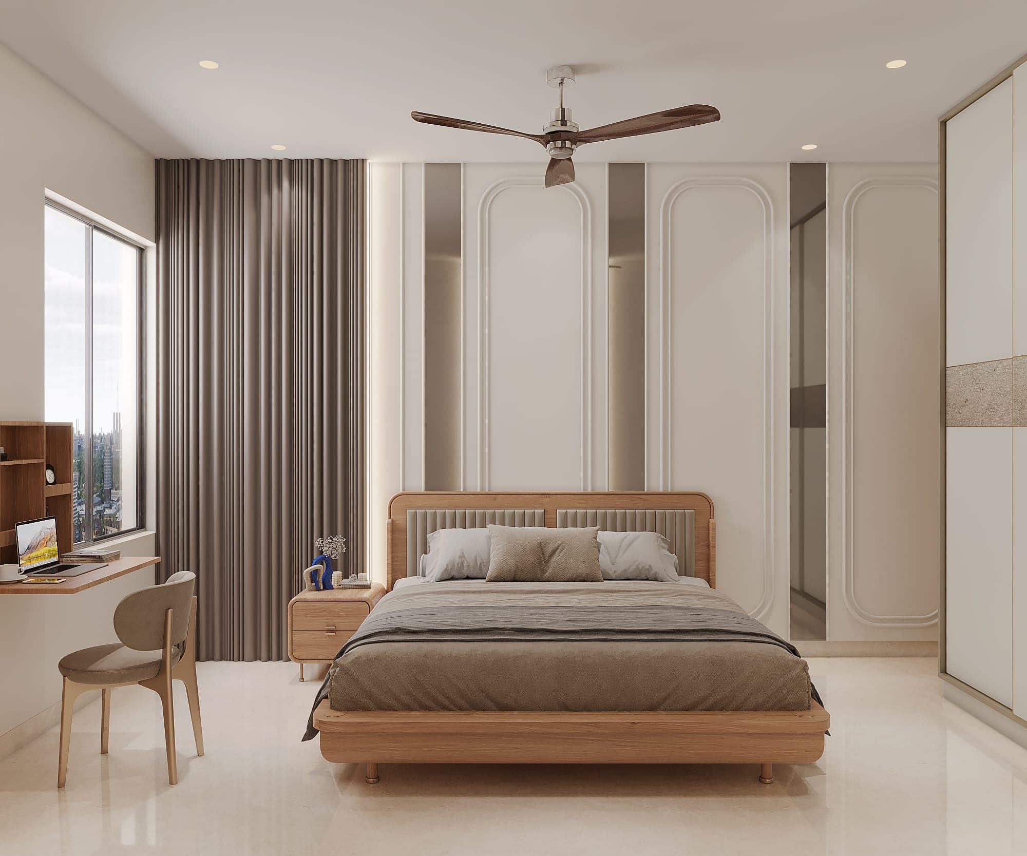 Rendered bedroom with a light wood bed, arched moulded panelling behind the headboard, a study desk by a large window with a city view, and a floor-length mirror.