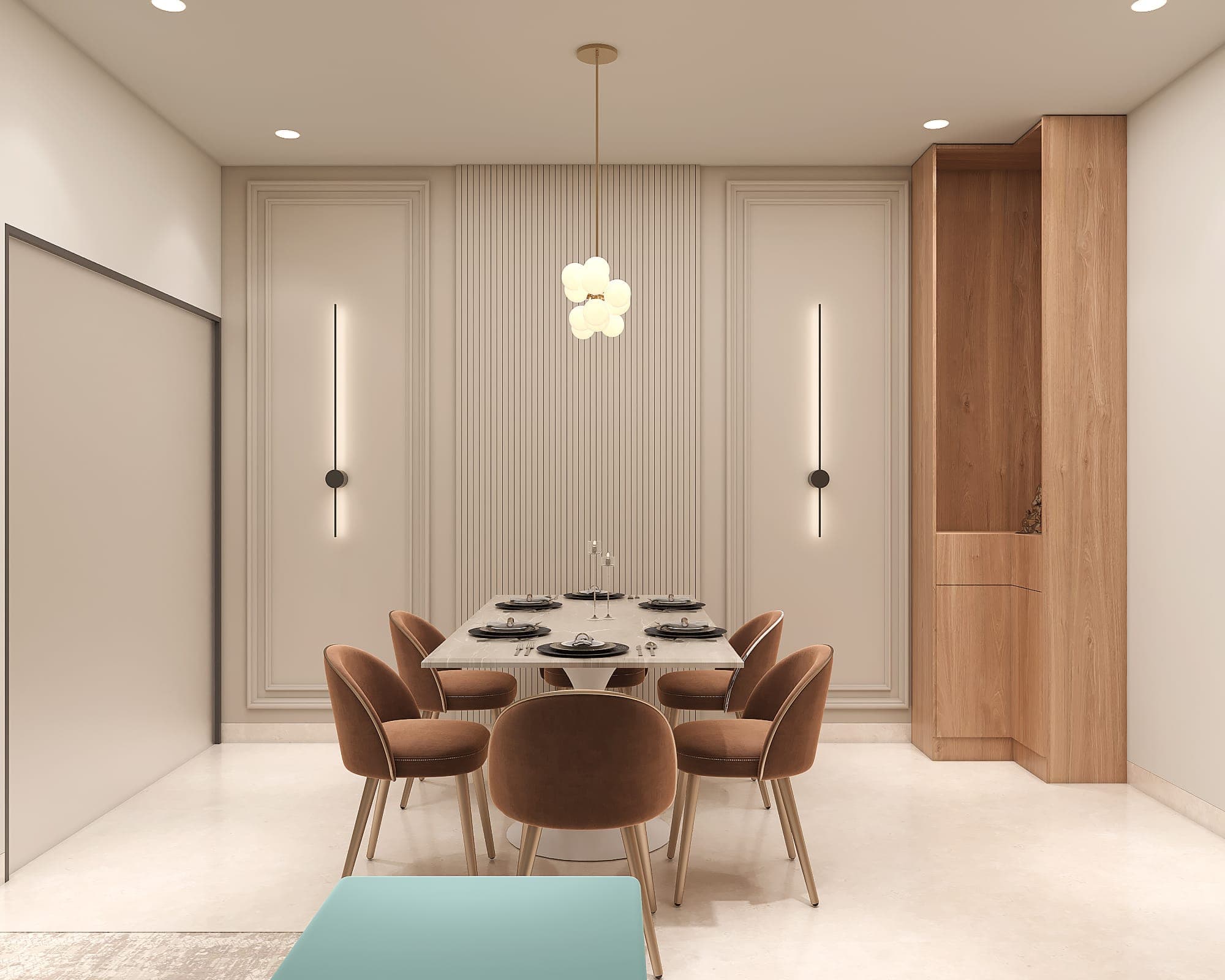 Rendered dining area with a marble-top table set for six, brown velvet chairs, panelled walls with fluted accent, linear wall lights and a cluster-globe pendant.