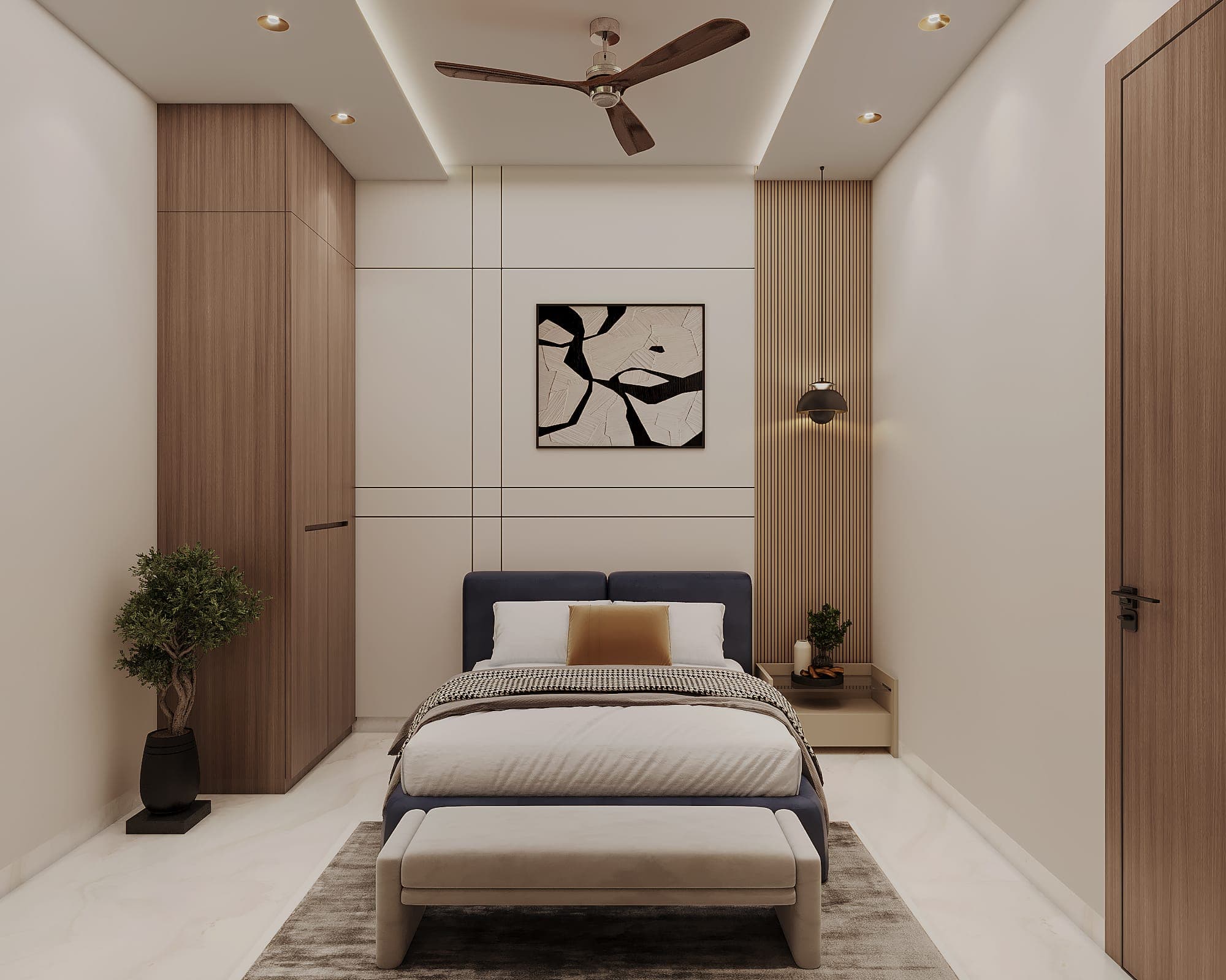 Rendered bedroom with a navy upholstered bed, framed abstract black-and-white artwork, a wood wardrobe, fluted wood accent and a tall potted plant.