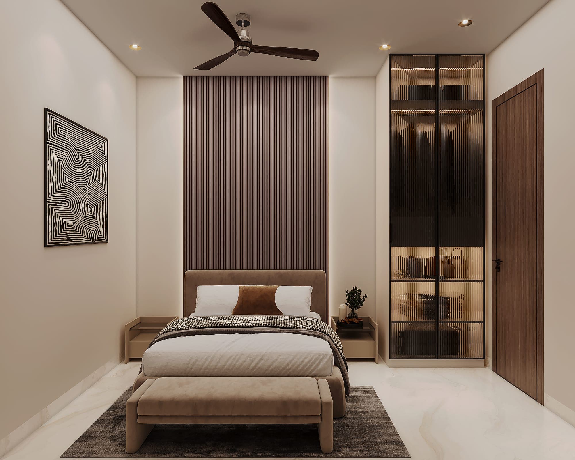 Rendered bedroom with a beige upholstered bed, a tall fluted taupe accent wall, a reeded-glass wardrobe and framed maze-pattern line art.