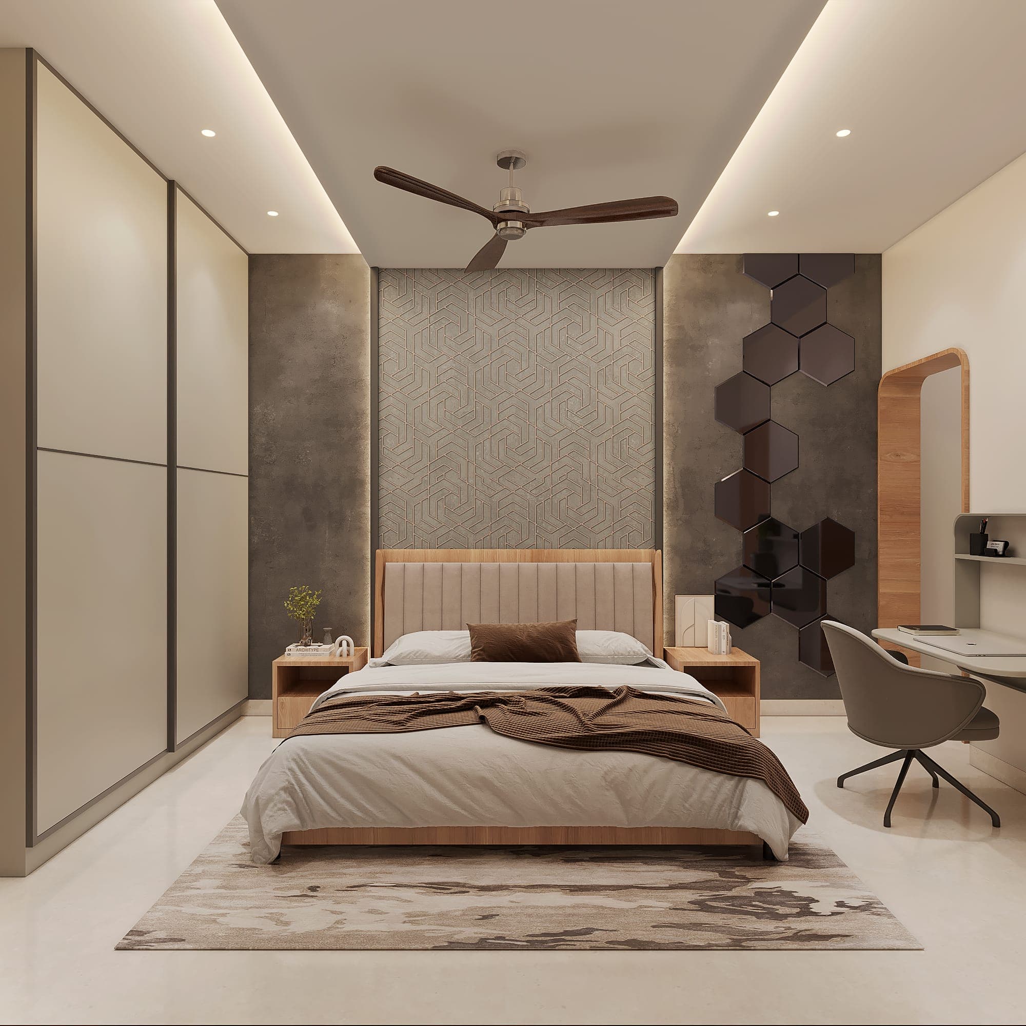 Rendered bedroom with a wood-framed bed, a geometric patterned feature wall flanked by textured concrete panels, glossy hexagon mirror tiles and a corner study desk.