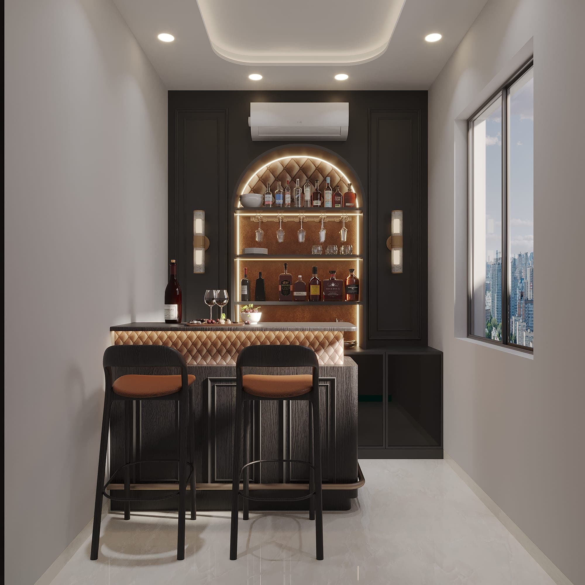 Rendered home bar with an arched backlit liquor and glassware display, a quilted-leather counter front, two black-and-tan bar stools and a window overlooking a city skyline.