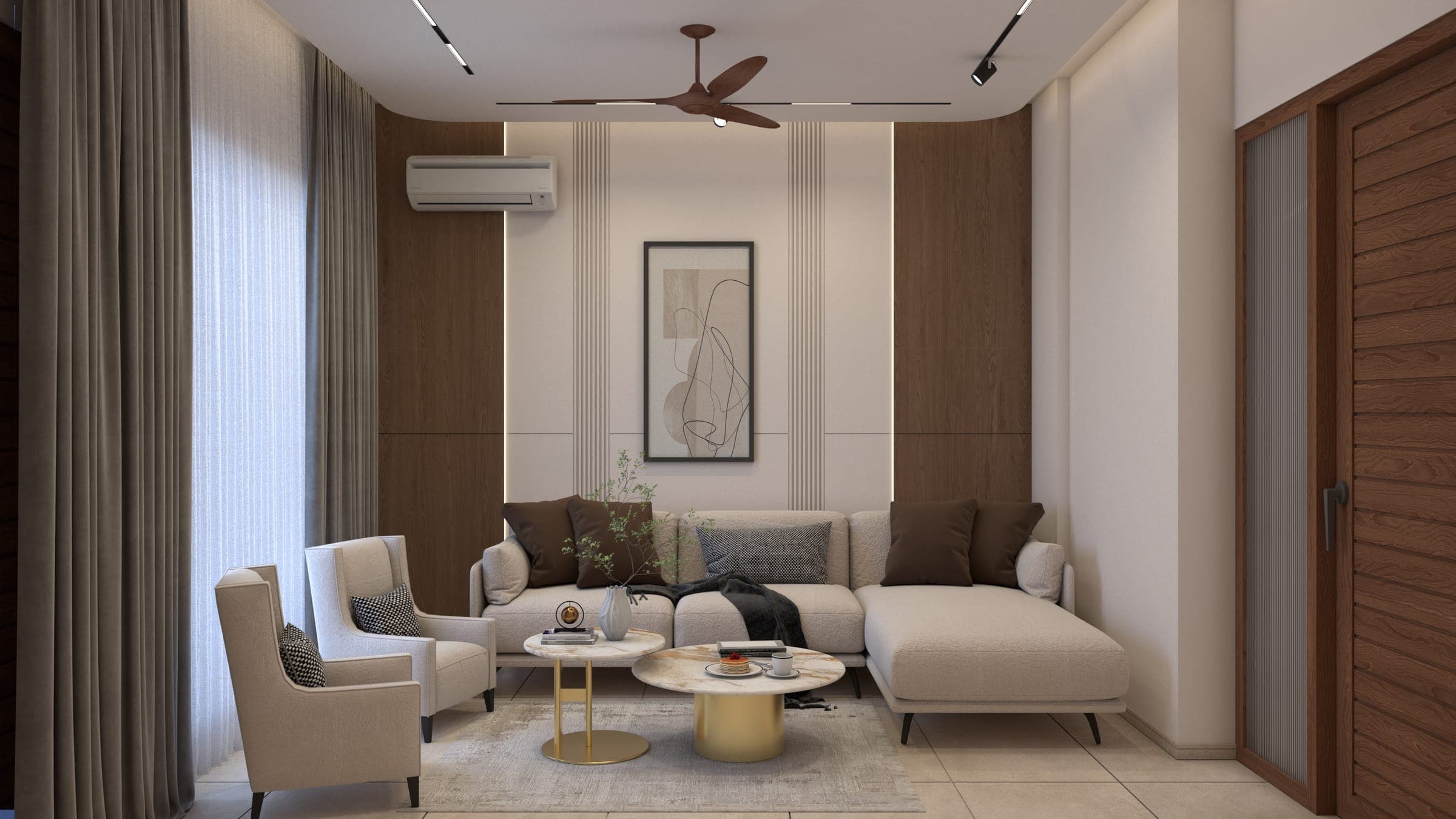 Rendered living room with a cream sectional sofa, two round marble coffee tables, matching armchairs, framed line art and a wood-panelled wall.