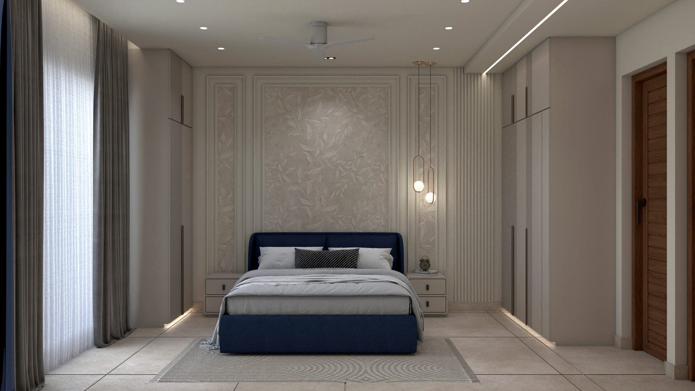 Rendered bedroom with a navy upholstered bed, a botanical-patterned feature panel, twin globe pendants and fitted wardrobes on either side.