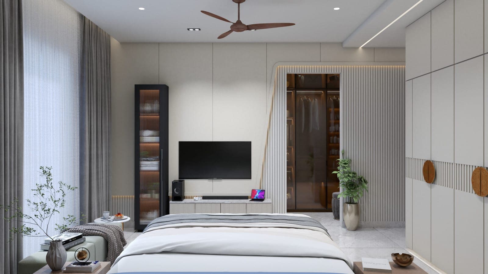 Rendered bedroom with a wall-mounted TV on fluted panelling, a glass-fronted display cabinet and a glimpse into a lit walk-in wardrobe.