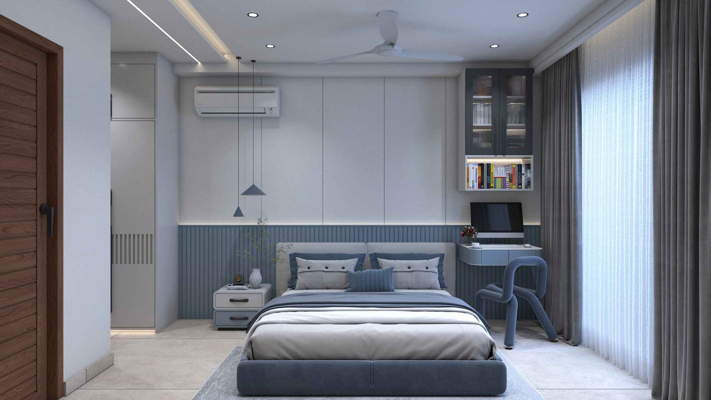 Rendered bedroom in blue and grey with a fluted headboard wall, a corner study desk, floating shelves and a ceiling fan.