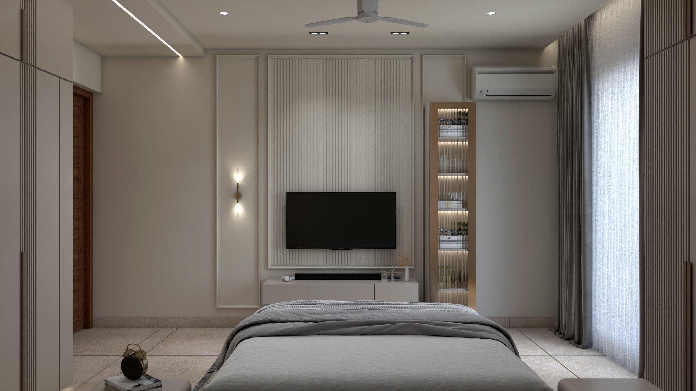 Rendered bedroom with a fluted feature wall behind a wall-mounted TV, a slim wall sconce and a lit reeded-glass display niche.
