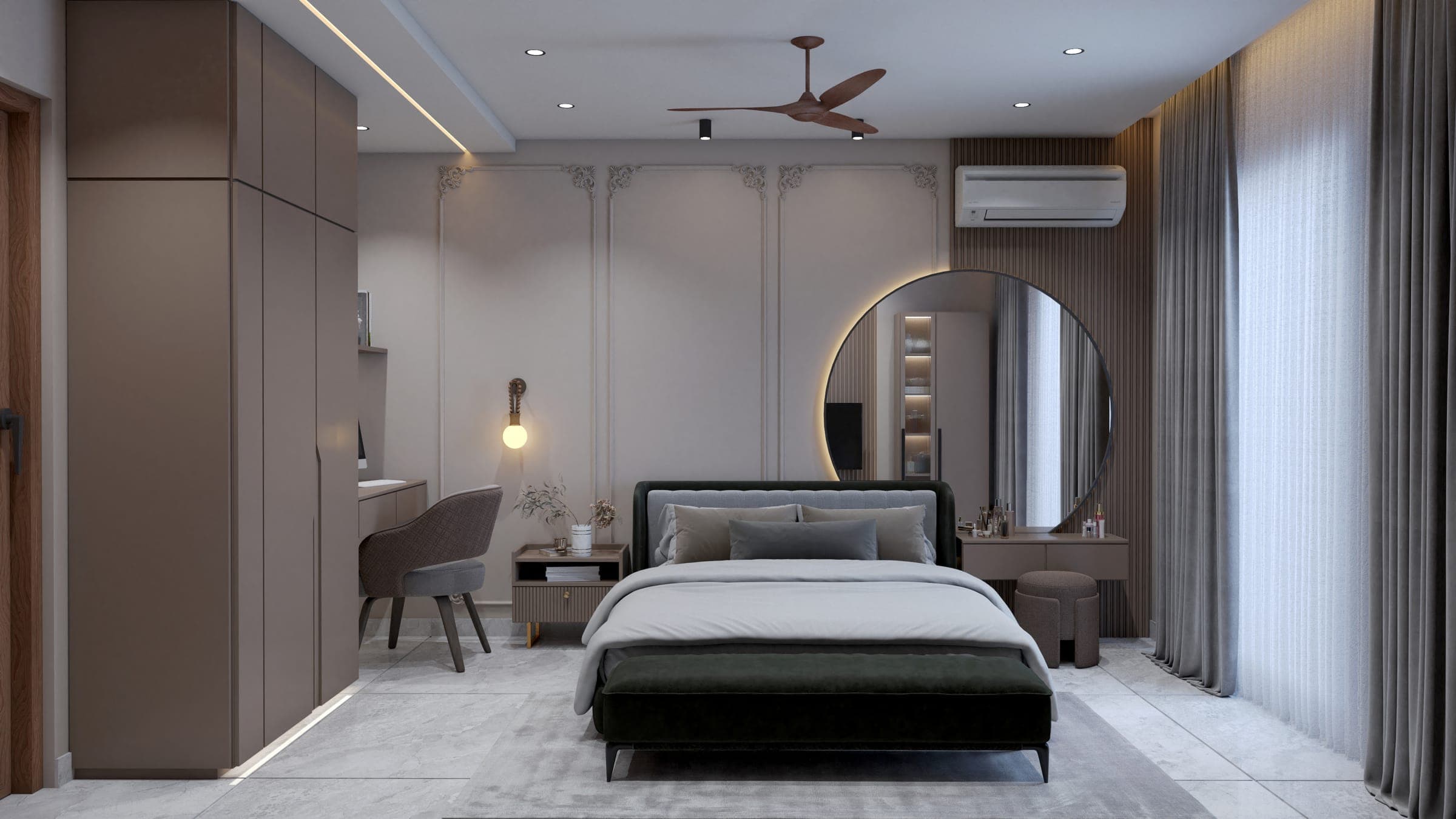 Rendered bedroom with a grey tufted bed, a large round mirror over a dressing table and a dark green velvet bench at the foot.