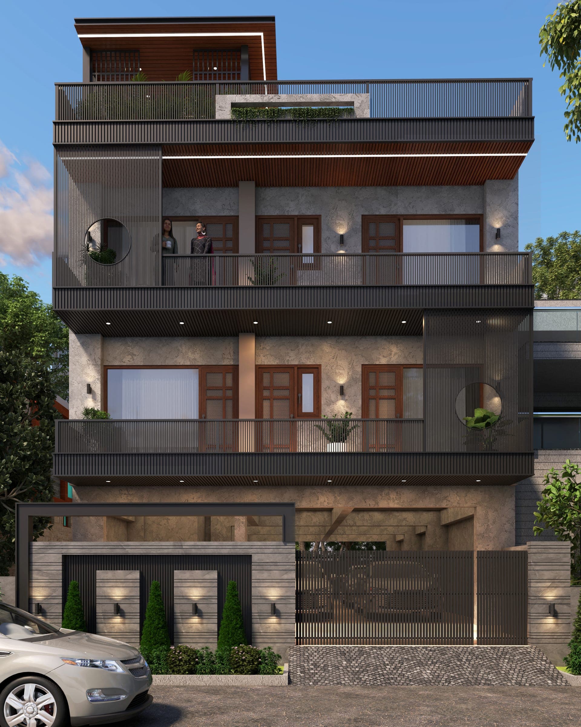 Rendered exterior of a modern three-storey home with stone-and-wood cladding, deep balconies with dark metal railings, a slatted gate and two people on an upper balcony.