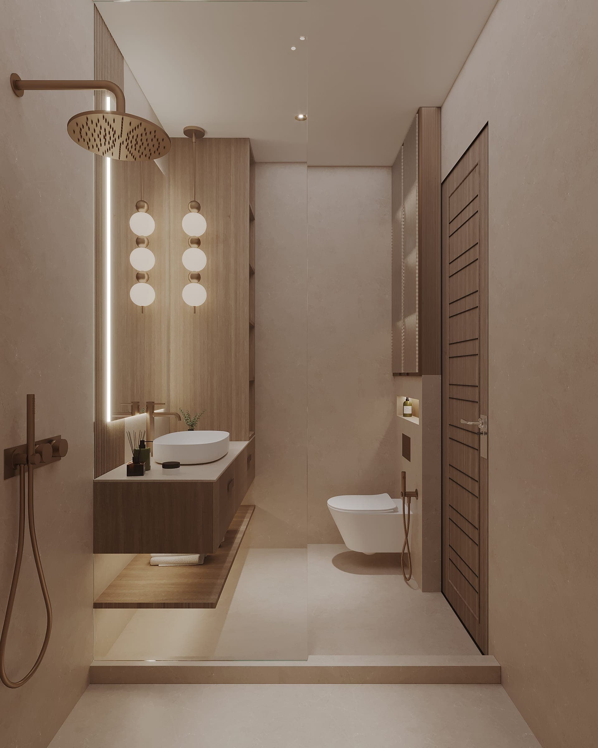 Rendered bathroom with warm stone and wood surfaces, a floating wood vanity, a backlit mirror, beaded pendant lights and a glass shower partition.