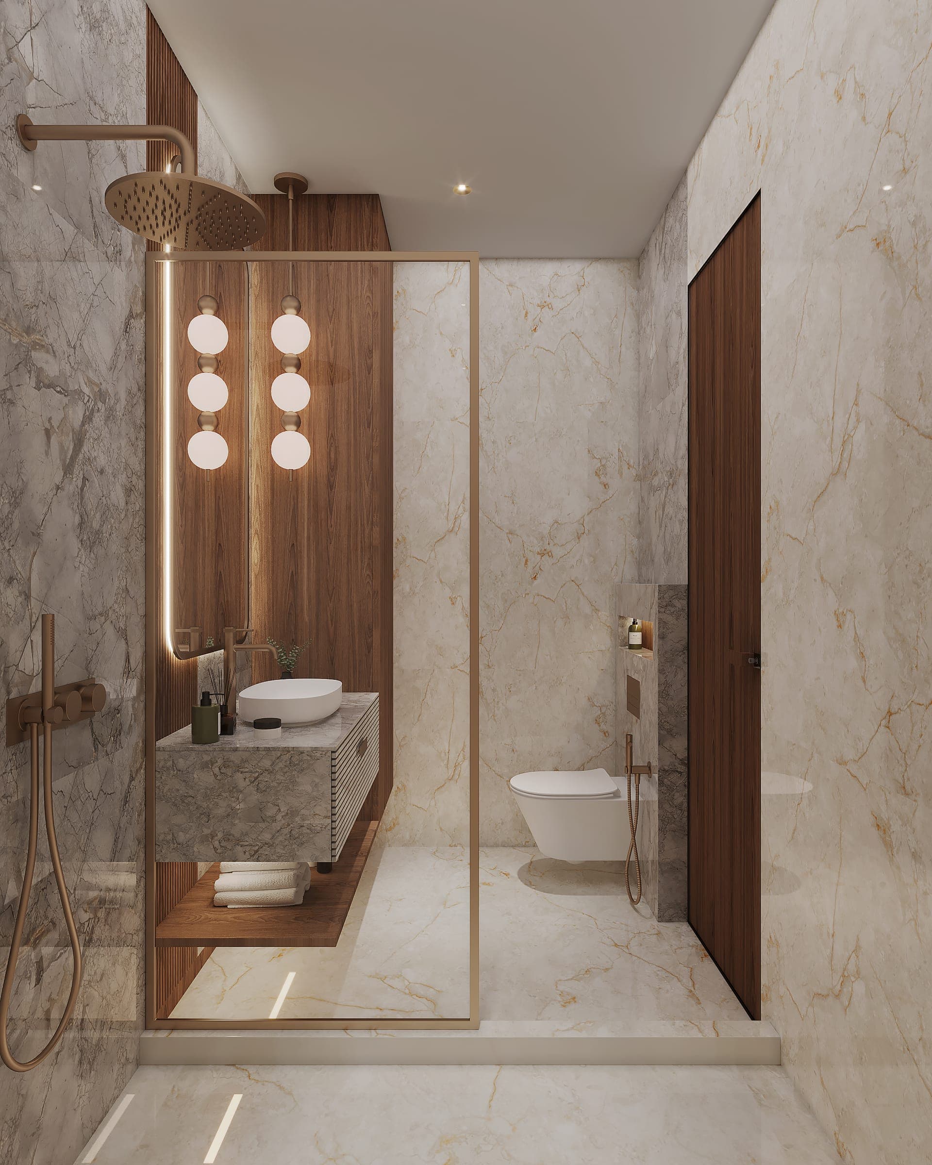 Rendered bathroom with veined marble walls, a gold-framed glass shower screen, a wood-panelled niche, a stone vanity and a wall-hung toilet.
